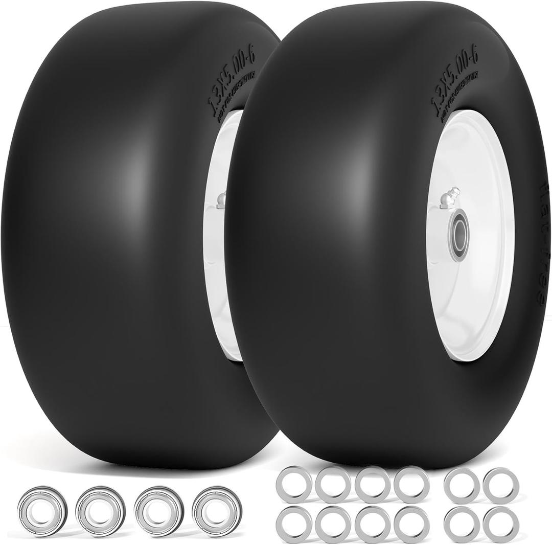 13x5.00-6 Flat Free Lawn Mower Tire, 13x5-6 Zero Turn Mower Front Tires, 13x5x6 Solid Mower Wheel for Residential and Commercial, 3/4" and Extra 5/8" Bearing, 3.25"-5.9" Center Hub, 2Pack White