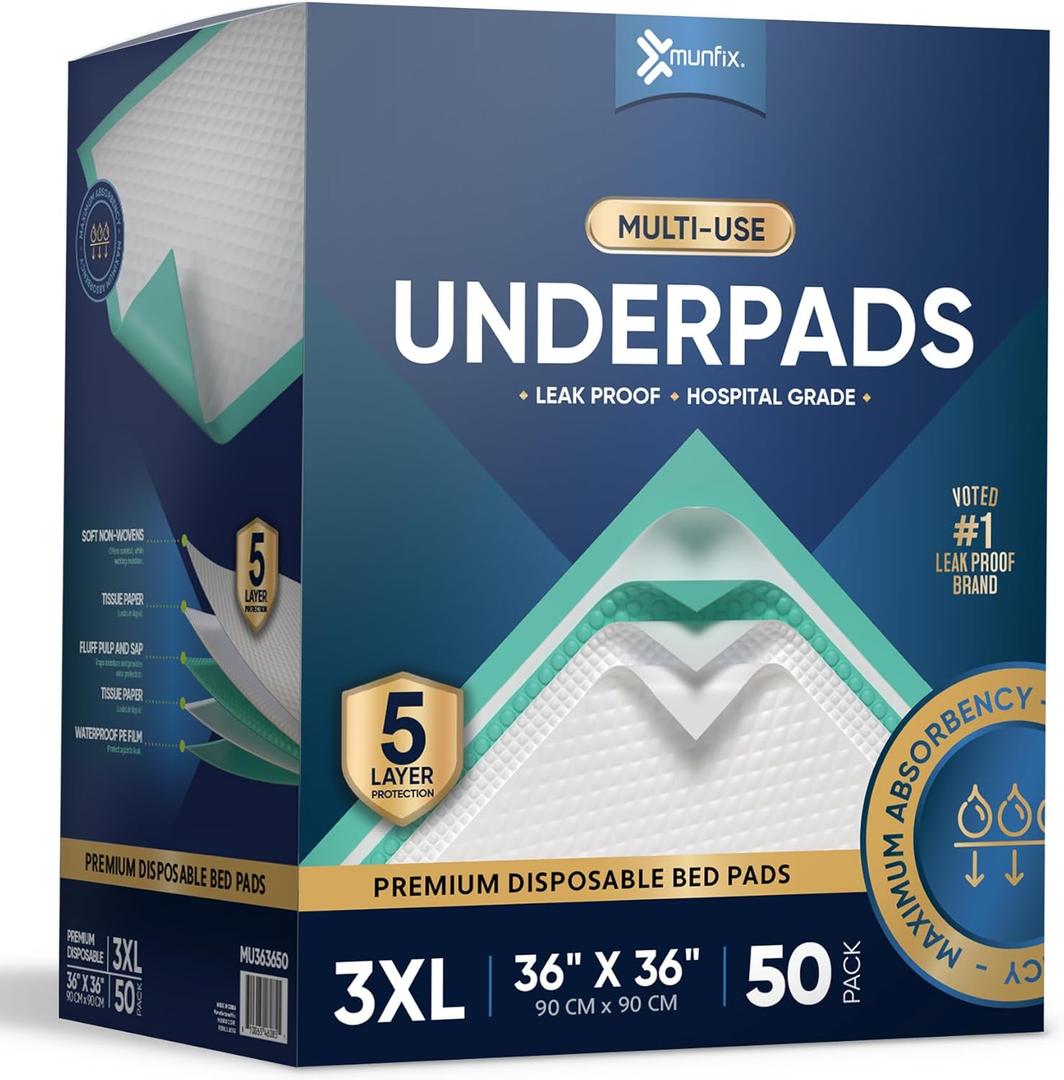50 Pack Disposable Bed Pads 36 X 36 Inches, Super Absorbent Extra Large Incontinence Underpads, 125 Gram Heavy Duty Ultra Absorbency Medical Chux, Baby Changing Pad, Dog Puppy Pet Training Pee Pad
