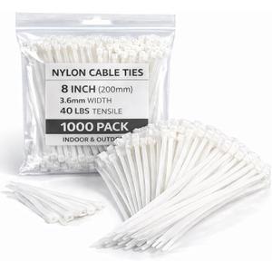 White Zip Ties 8 Inch 1000 Pack, 40 lbs Nylon Cable Ties, Self Locking UV Resistant Wire Ties for Wreath Crafts, DIY, Decor, Indoor Outdoor, Home and Garden