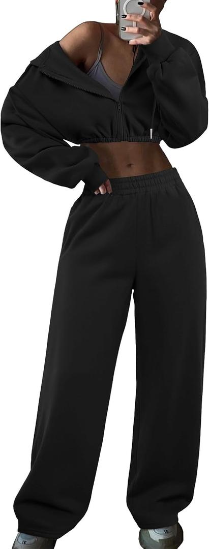 LovelyWholesale Sweatsuits Women 2 Piece Outfit Cropped Zip Up Hoodie and Sweatpants Sets (Black, M)
