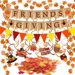 Famoby FRIENDSGIVING Burlap Banner Paper Triangular Bunting Maple leaf Garland Plastic Streamer for Thanksgiving Day Party Decoration