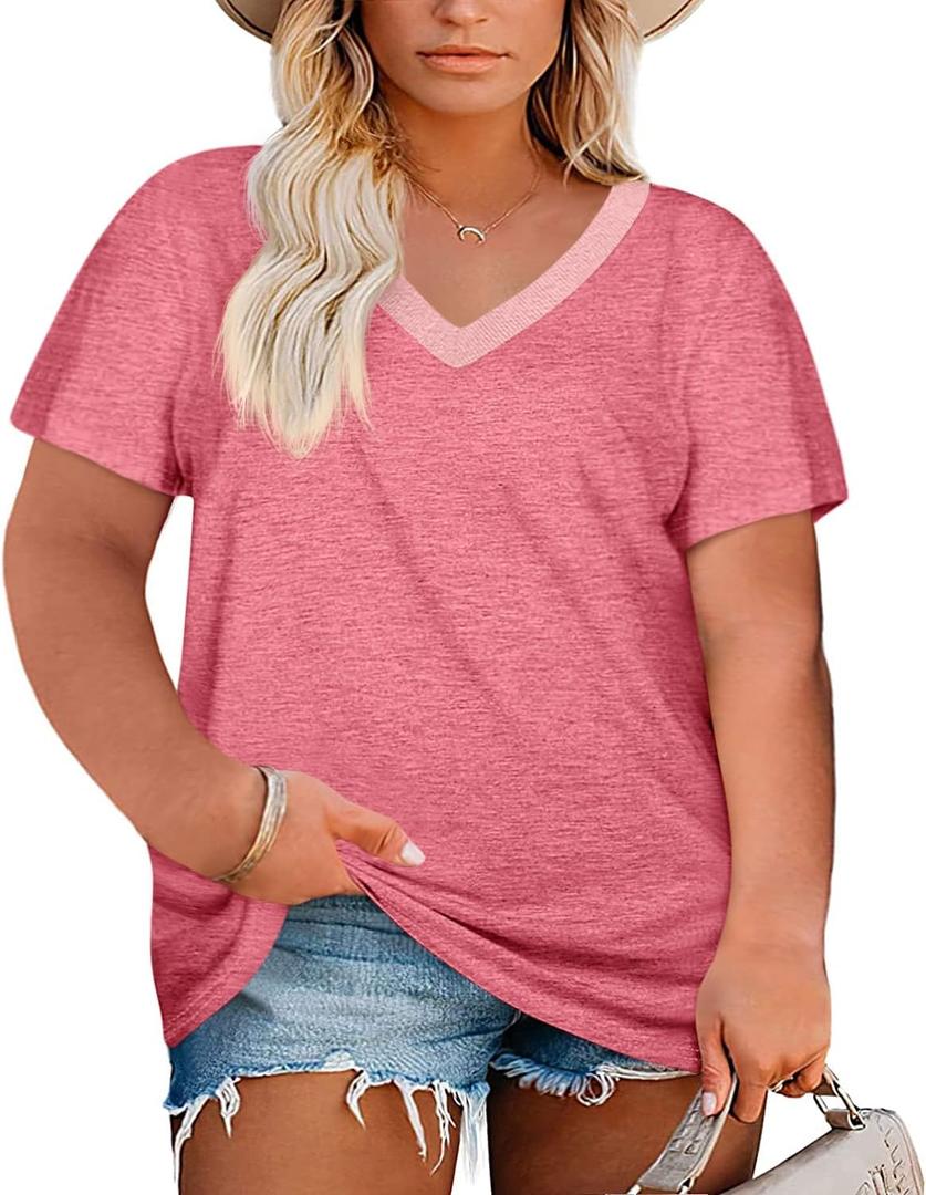 Womens Plus Size V Neck T Shirts Summer Short Sleeve Sexy Tops T-Shirts Tunic Casual Loose Fit Soft Basic Tees (3X-Large Plus, 01-pink)