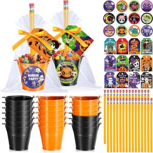 Pasimy 24 Sets Halloween Candy Holder Gifts Fillable Mini Metal Buckets Pumpkin Candy Containers with Pencils Stickers for Trick or Treat Goodies Bags Fillers Halloween Party Favors Supplies