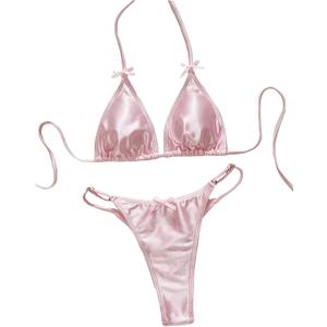 Floerns Women's Cute Satin Thong Bikini Sets Triangle Swimsuit Halter String Bathing Suit (Pink, L)