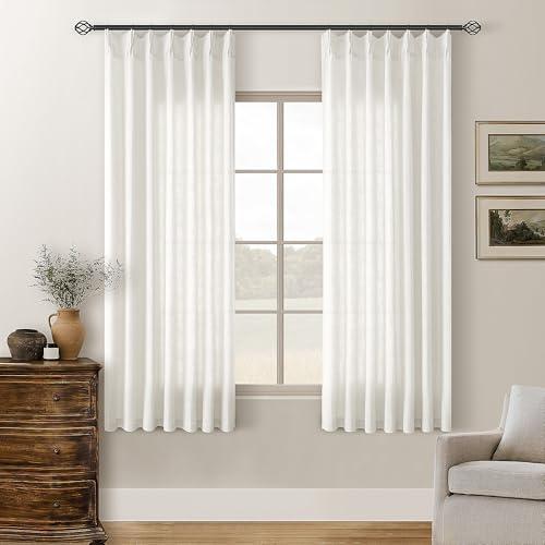 TWODRAPES Beige White Pinch Pleated Linen Curtains 63 Inch Length 2 Panels for Dining Room Kitchen Bedroom Semi Sheer Pleat Drapes with Hooks Rings Light Filtering Short Window Curtain Cabinet 40x63