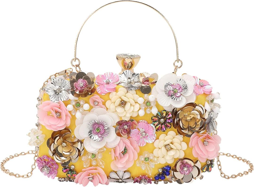 LETODE Flower Clutch Purse Evening Bag for Women Formal Party Handbag Chain Strap Shoulder Bag (1-yellow)