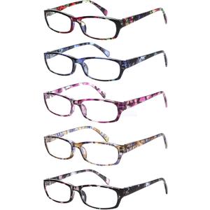 Kerecsen Reading Glasses 5 Pairs Fashion Ladies Readers Spring Hinge with Pattern Print Eyeglasses for Women (Mix Color -2, 1.75)