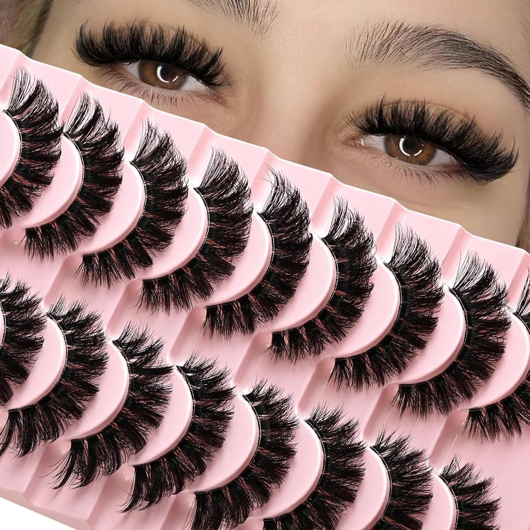 Lashes False Wispy Eyelashes Natural Volume Cat Eye Lash Strips Thick Fake Mink Eyelash Pack Natural Looking Fluffy Full Strip Lashes Set Clear Band Easy Eyelashes for Beginners