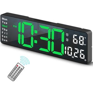 Digital Clock, Digital Wall Clock for Living Room Decor, Desk Alarm Clock for Bedroom, Large Wall Clock with Remote Control, Automatic Brightness Dimmer LED Clock with Date Temperature Week (Green-B)