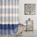 Awellife Blue Farmhouse Shower Curtains for Bathroom,Boho Flax Texture Striped Shower Curtain with Tassels Linen 72x72