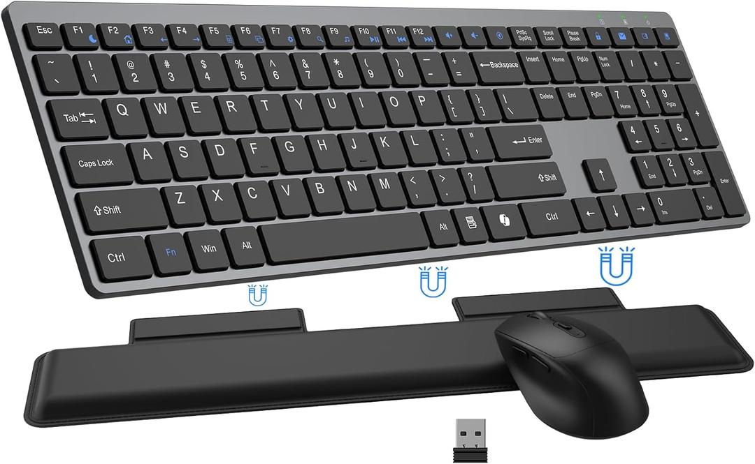Wireless Keyboard and Mouse Combo, Full Size Silent Ultra Thin Keyboard with Magnetic Wrist Rest, Optical Mouse, 2.4G Lag-Free Cordless Mice Keyboard Set for Computer, Mac, Laptop, PC, Windows (Gray Black)