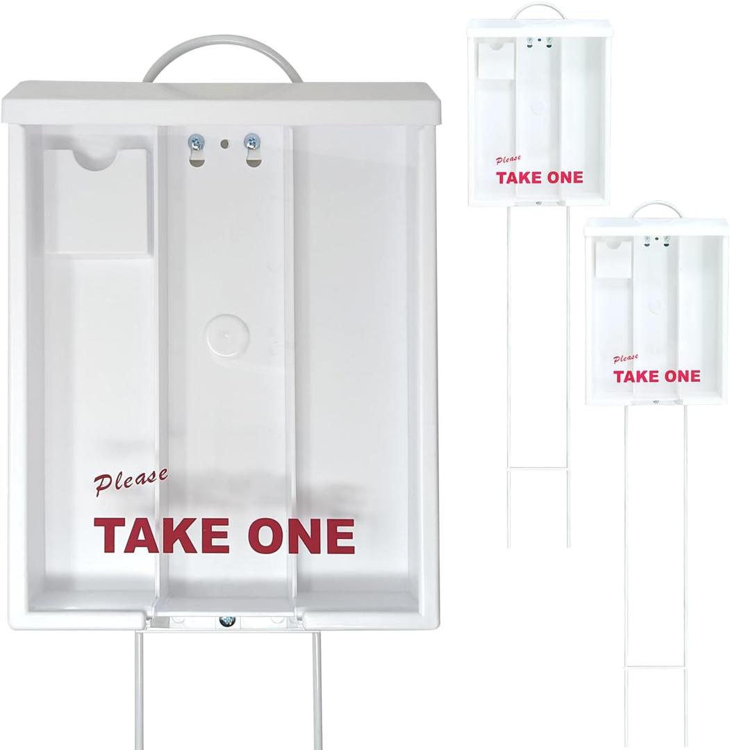 Mediz Outdoor Real Estate Brochure Box, Attached Yard Stake, Holds 250 8.5 x 11 Documents and 60 Business Cards, Flyer Literature Marketing Stand (White, 2 Pack)