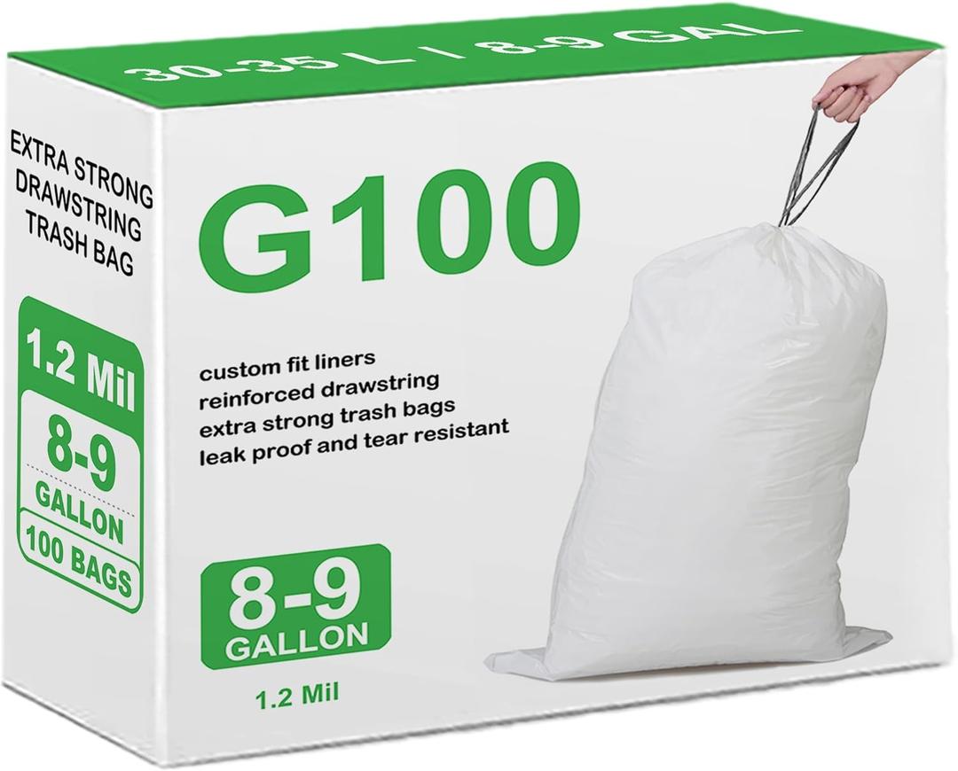 Code G 8 Gallon 100 Count Heavy Duty Trash Bags 1.2 Mil THICK 30 Liter Drawstring White Garbage Can Liners Compatible with simplehuman Code G | Heavy Duty Plastic Trash Bags