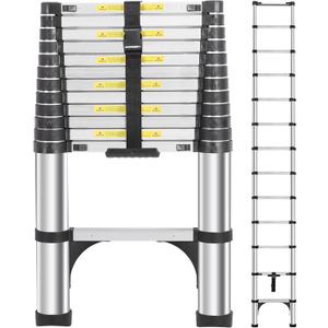 DEZEX Telescoping Ladders 16.5 FT Aluminum Ladder - One-Button Retraction Collapsible Extension Ladder for Home, Outdoors, RV, Attic & Loft, Lasts 330 LBS with 2 Triangle Stabilizers