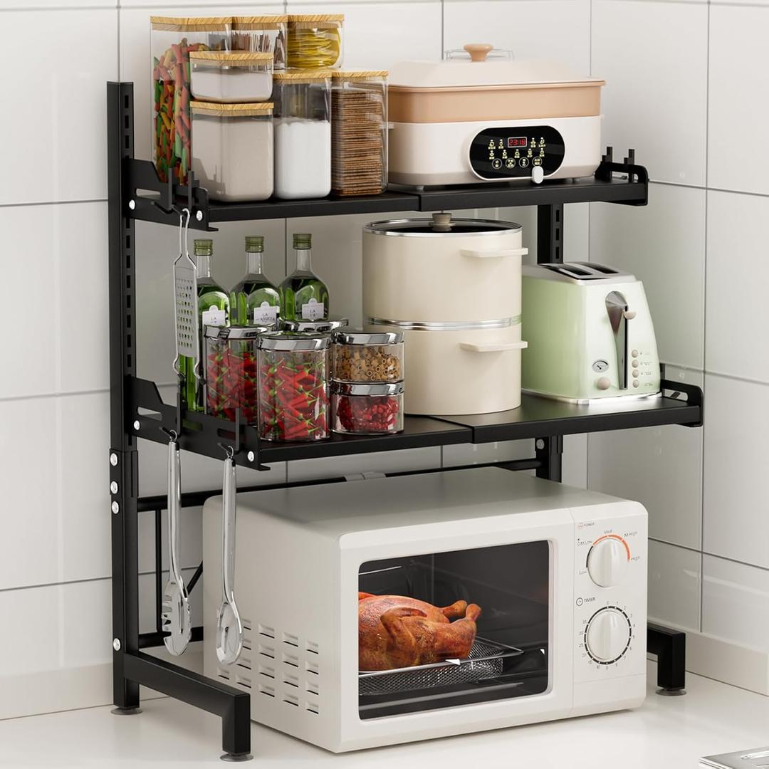 Extendable Microwave Oven Rack, 3-Tier Adjustable Microwave Shelf with 8 Hooks, 14.2 ''- 24.4 '' L Microwave Stand Countertop, Kitchen Over Microwave Shelf with Suction Cup Foot, Microwave Rack Black