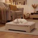 Elevated Wooden Dog Bed with Supportive Cushion & Washable Cover, Sturdy Noise-Free Frame, Modern Furniture-Style Design for Indoor Living Spaces, S Size for Small Dogs, Natural Wood Finish