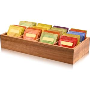 Acacia Wood Tea Bag Organizer with 8 Slots  Tea Bag Holder and Tea Organizer, Sugar Packet Storage for Countertops