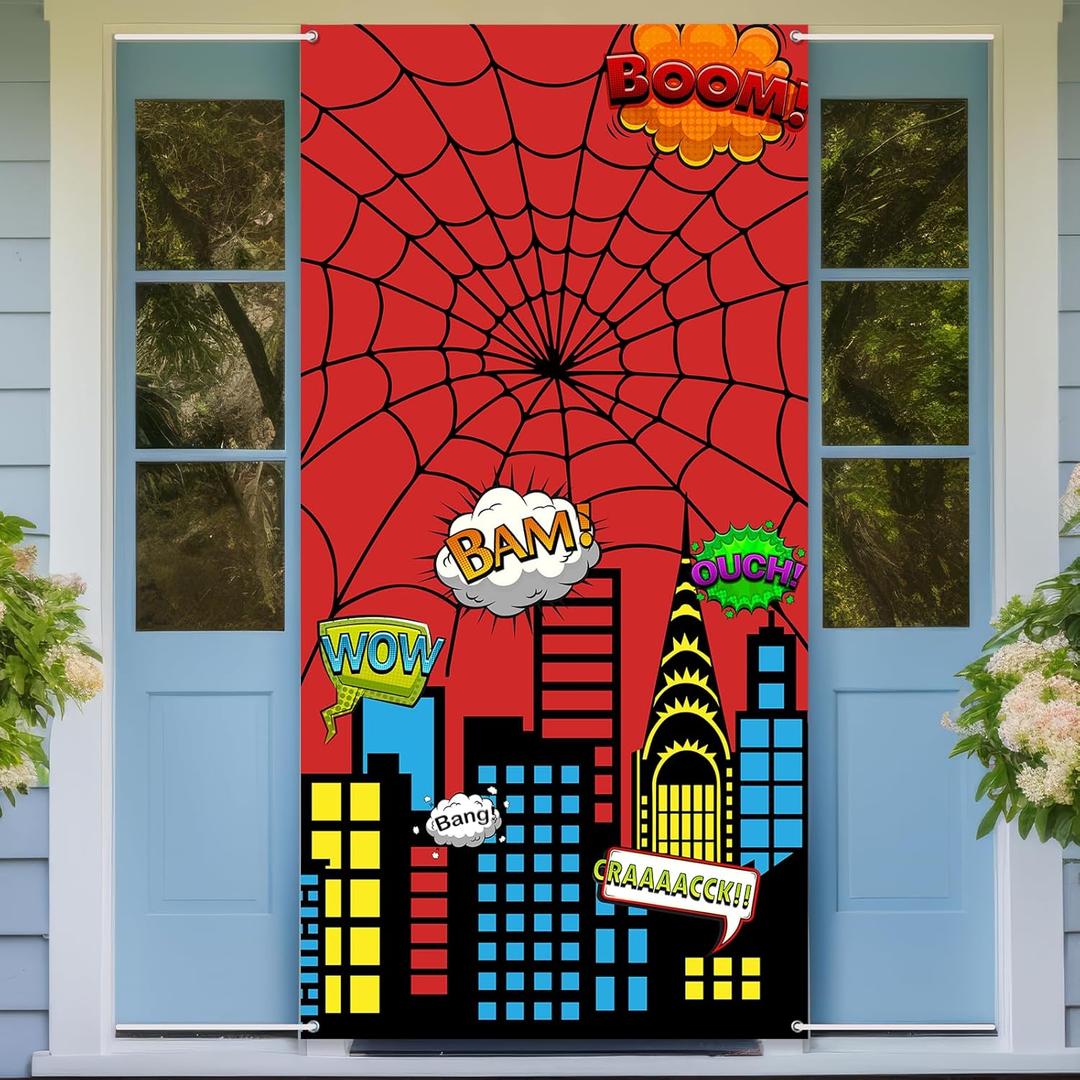 Hero Boys Birthday Door Cover Banner | Hero City Spider Porch Sign Decorations | Boys Children Birthday Party Indoor Outdoor Yard Supplies Photo Booth Props