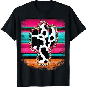 Western Leopard Cheetha Serape Cow Cactus Turquoise pink T-Shirt (Small, Black)