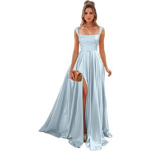 Women's 2025 Satin Dress Elegant Deep V Neck Flutter Sleeve A-Line Gown Cocktail Party Maxi Dresses LightBlue S