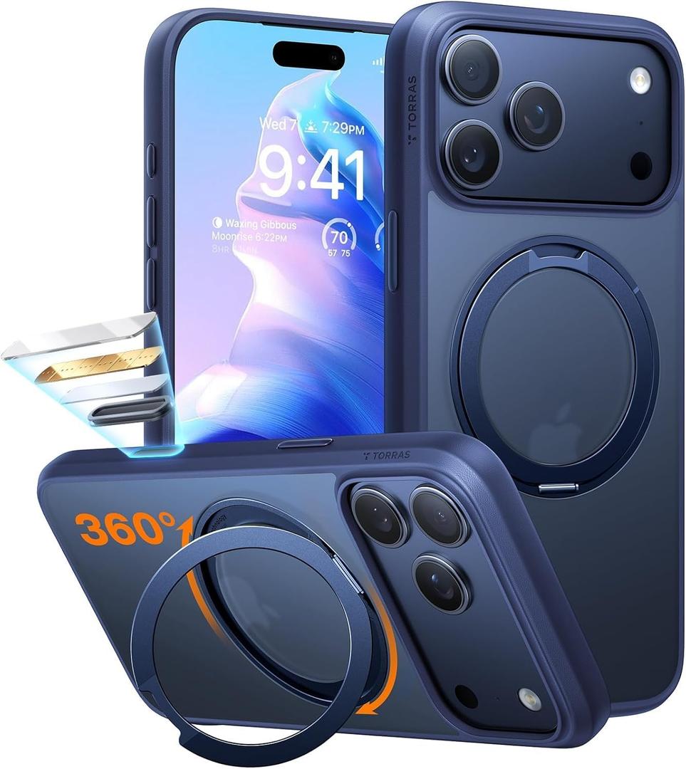 TORRAS Upgraded 360 Magnetic Stand for iPhone 17 Pro Max Case, Fit for MagSafe With Ring, 4X Mil-Grade Protection, Camera Control, Translucent Slim for iPhone 17 ProMax Case Ostand, Deep Blue
