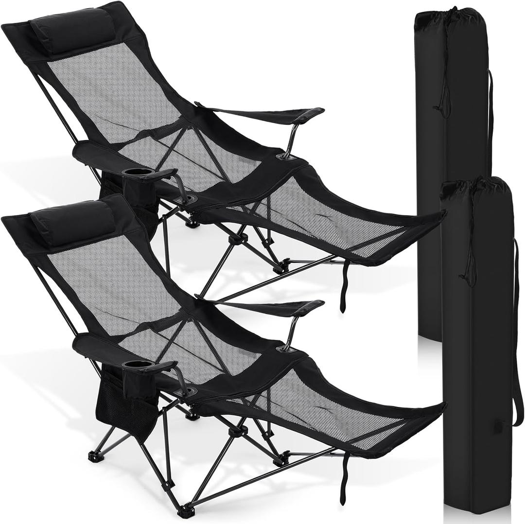 Soaoo 2 Pcs Mesh Camping Chair Portable Folding Portable Mesh Chair with Removable Footrest Headrest Storage Bag Camping Recliner 264lbs Weight Capacity Lounge with Carry Bag for Adult Outdoor(Black)