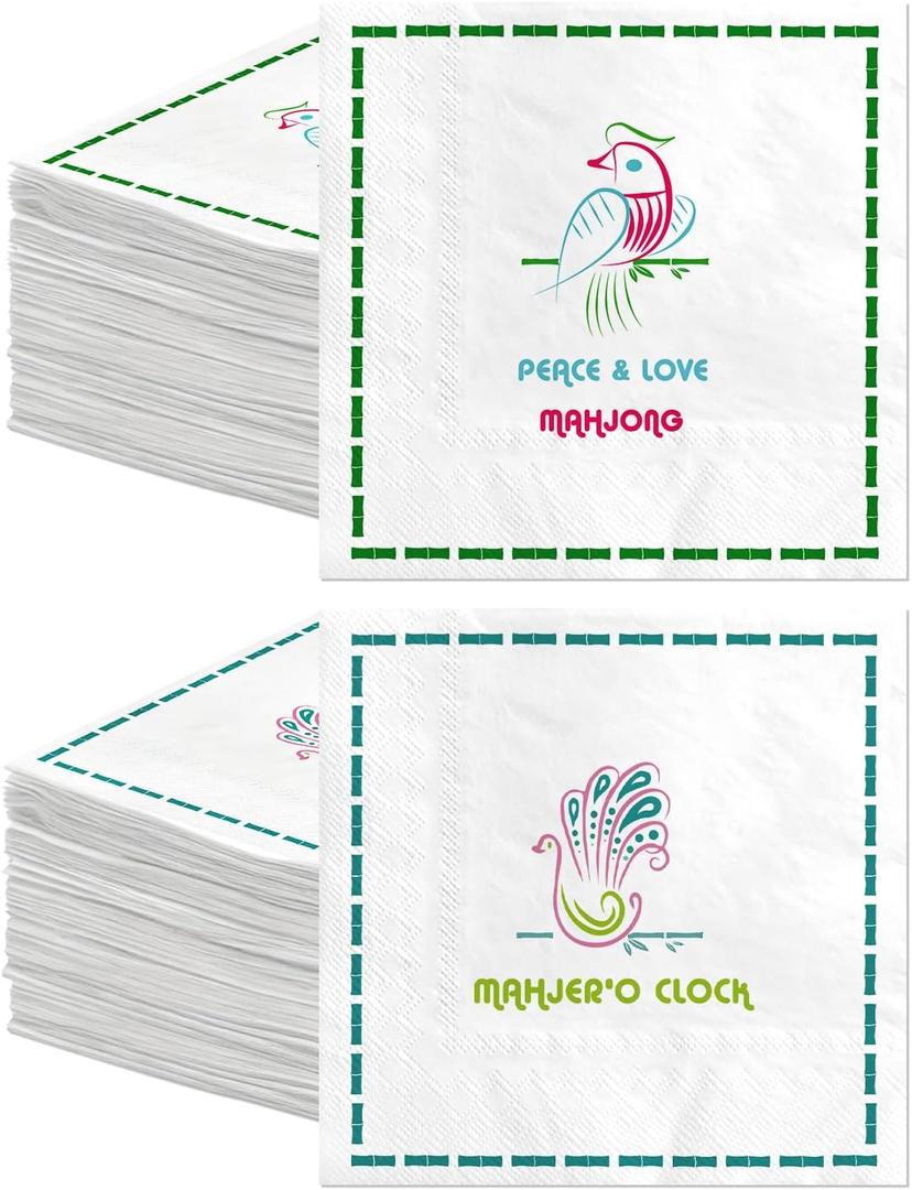 CHONNFEASTT 100PCS Mahjong Cocktail Napkins - 5'' Square Drink Napkins Paper Coasters Disposable - Mah Jongg Party Supplies Decorations - Bamboo Mahjongg Accessories and Gifts