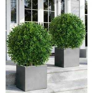 Artificial Eucalyptus Topiary Ball Trees for Outdoor Set of 2 Fake Plant Bushes with Ground Spike UV Resistant Faux Shrubs for Garden Front Porch, Green
