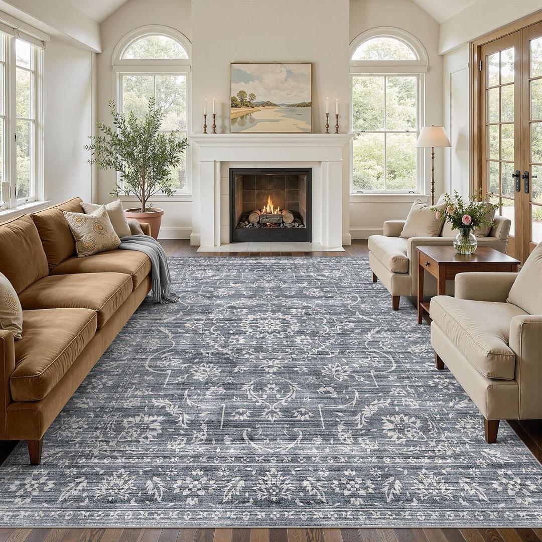 Nakagishi Neutral 8x10 Area Rugs for Living Room Washable Rug, Retro Blue | Pet & Kid Friendly, Non-Slip, Soft, Low-pile Carpet for Living Room/Bedroom/Dining Room/Nursery, Stain Resistant Vintage