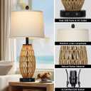 CINSARY 27" Boho Rattan Table Lamp with Night Light, Wicker Bedside Lamp with USB A+C Charging Port, Woven Coastal Bedroom Lamps for Nightstand, Tall Farmhouse Lamps for Living Room Single