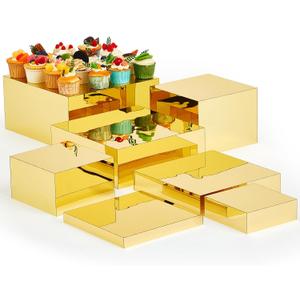 Leinuosen 7 Pcs Large Buffet Risers Set 6" to 12" Acrylic Display Box Catering Dessert Table Riser Food Display Decorative Stand with Hollow Bottom for Catering Supplies(Gold, Square)