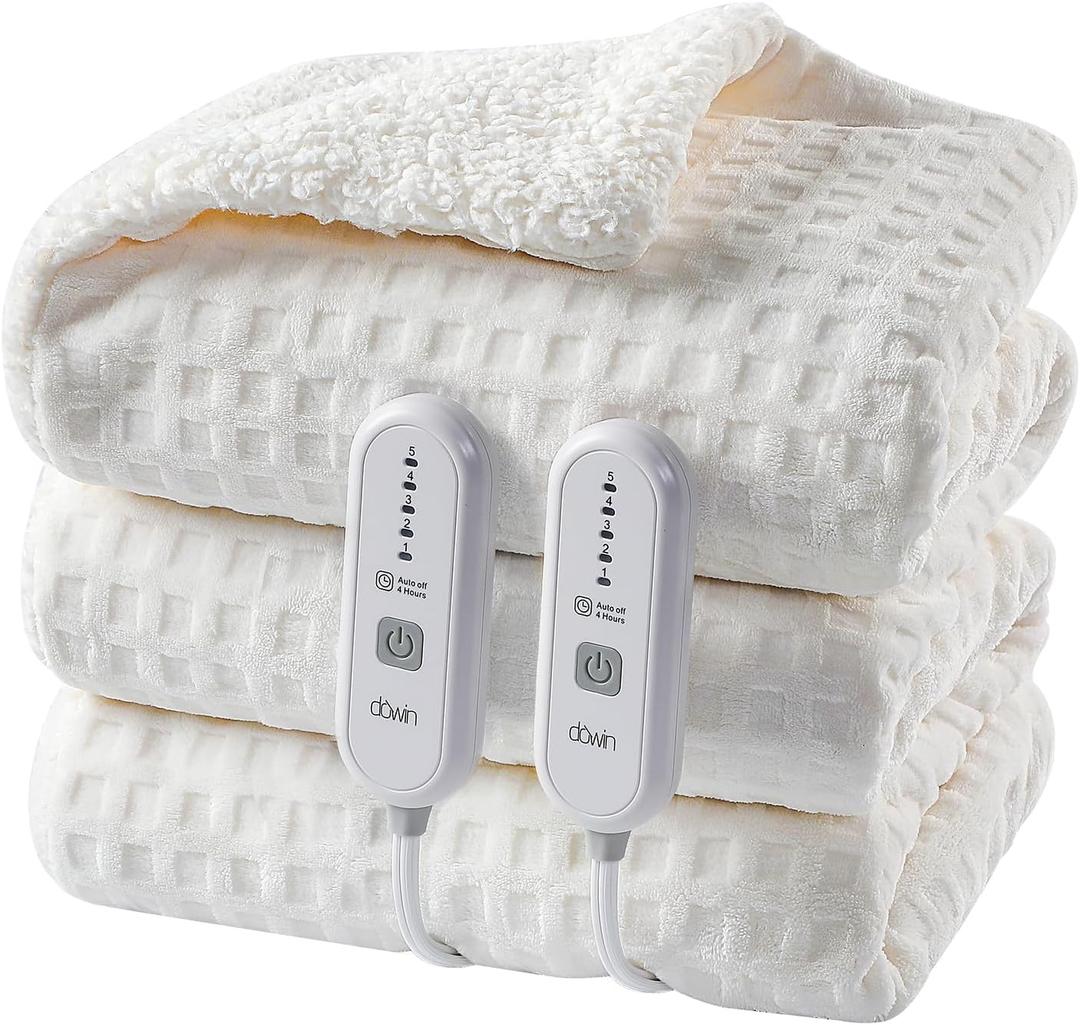 Dowin Electric Blanket Queen Size - Waffle Heated Blanket with Dual Control, 5 Heating Levels, 10 Hrs Auto Off, Sherpa Fleece Warming Blanket for Bed, Machine Washable, 84x90 Beige