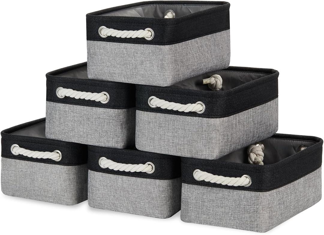 Bidtakay Storage Baskets [6 Pack] Small Fabric Canvas Collapsible Storage Bins 11.8 X 7.8 X 5 Inches Organizer Baskets with Handles Decorative Square Baskets for Cabinet Shelves Closet(Black&Grey)