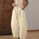 Gihuo Women's Cotton Wide Leg Pants, Elastic Waist Harem Style, Casual Baggy Palazzo Pants with Pockets(Beige, M)