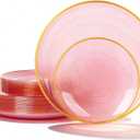 N9R 60PCS Pink Plastic Plates with Gold Rim 30 Dinner & 30 Dessert Plates, Circular Ribbed Design, Elegant Disposable Plates for Weddings, Events, Banquets, Special Occasions (Translucent Pink)