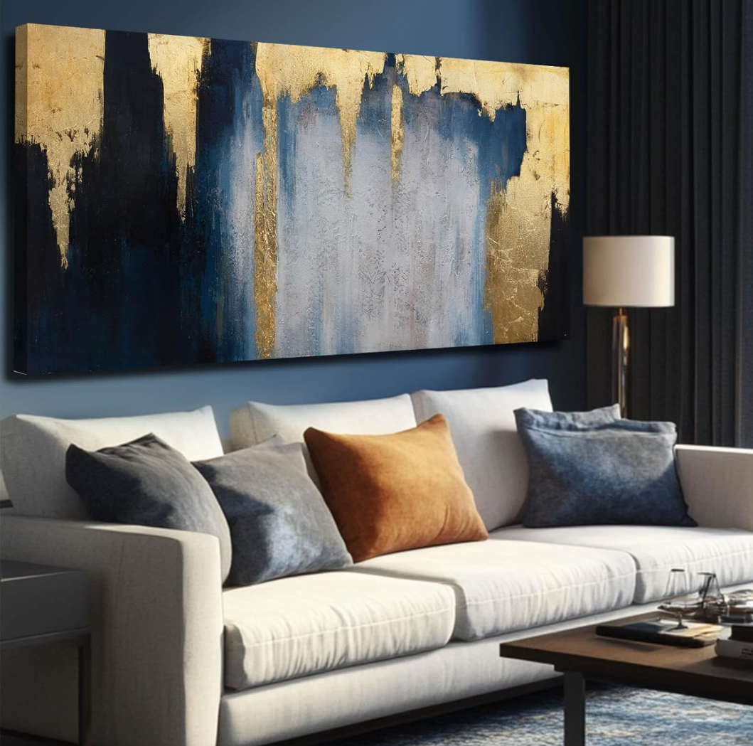 MLART99 Gold Foil Dark Blue Wall Decor Abstract Wall Art Modern Pictures for Living Room Bedroom Dining Room office Home Wall Decor, 24"x 48"