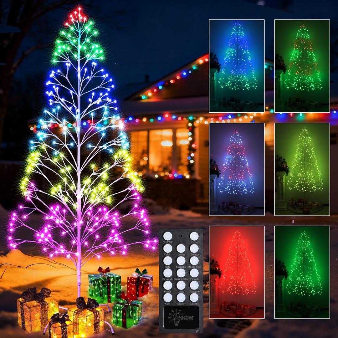 Joomer 7.6FT RGB Christmas Tree Lights - 336 LED Artificial Twig Xmas Tree with Adjustable Speed, Remote Control, Timer, and Waterproof, Indoor Outdoor Festive Decoration for Christmas