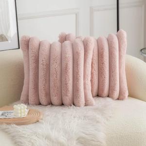 Neelvin Pink Faux Fur Cozy Soft Striped Decorative Throw Pillow Covers 24x24 inch Set of 2,Velvet Pillowcase Cushion Case for Sofa Couch