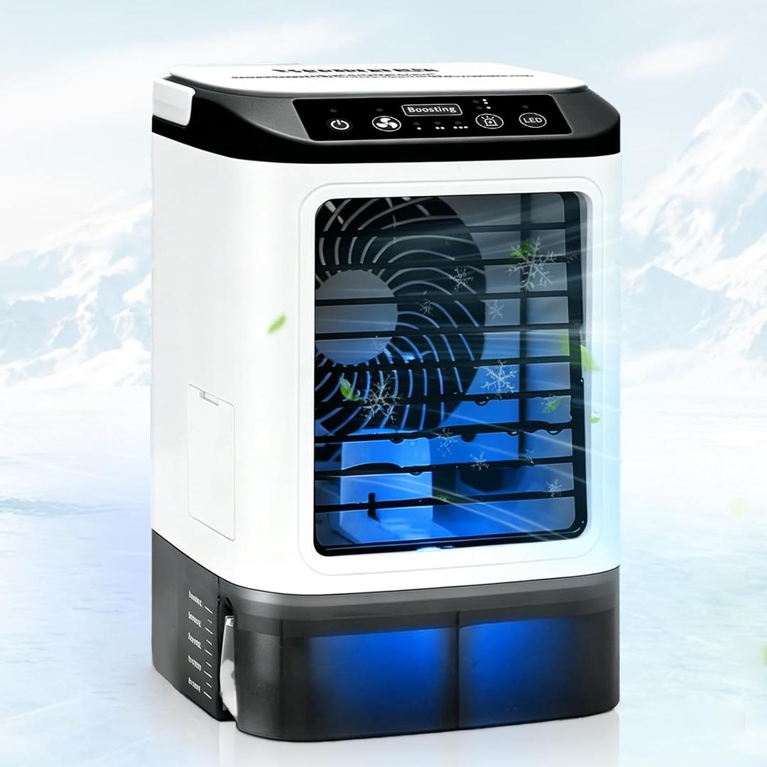 Mini Air Conditioners,3-in 1 Rechargeable Evaporative Air Cooler with Ice Box/900ml Water Tank,3 Speed and 2 Sprays,7 Colors LED Personal Cooling Fan for Desktop,Home,Room,Outdoor (White)