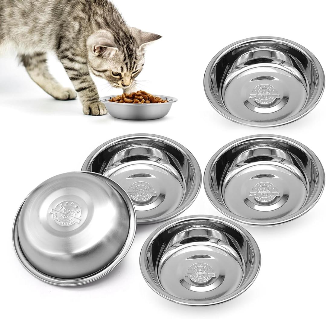 Stainless Steel Cat Bowl-Shallow Wide Flat Cats Food Bowls,Metal Kitten Dishes Whisker Friendly Fatigue Relief,Replacement Basic Kitty Plates for Elevated Stand,Dishwasher SafeSet of 5