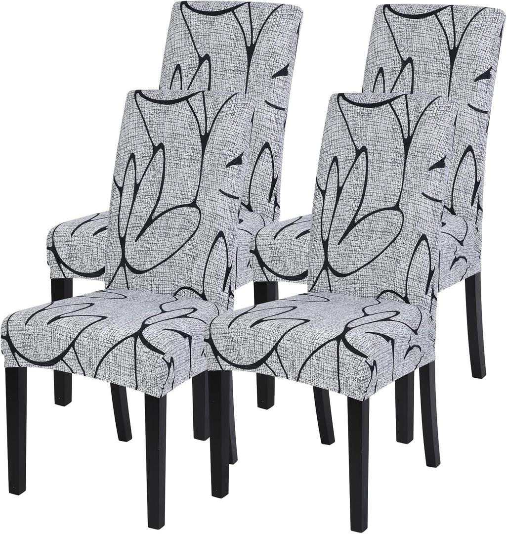 SearchI Dining Room Chair Covers Set of 4, Stretch Printed Parsons Chair Slipcovers Spandex Removable Washable Kitchen Chair Protector Cover for Dining Room, Hotel, Ceremony (Grey Lotus+White Texture)