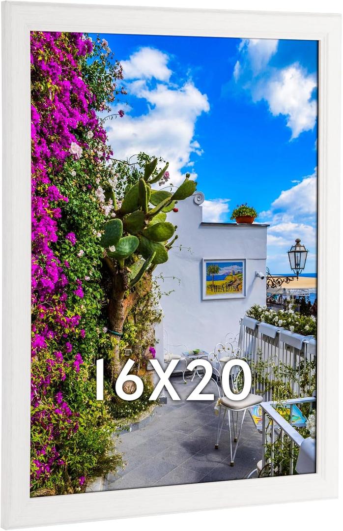 16x20 Wood Frame White, Natural Woodgrain 20x16in Picture Frame, Rustic Wooden 16 x 20 inch Gallery Wall Photo Poster Frame with HD Plexiglass, Horizontal Vertical Wall Mounting Display 1pcs
