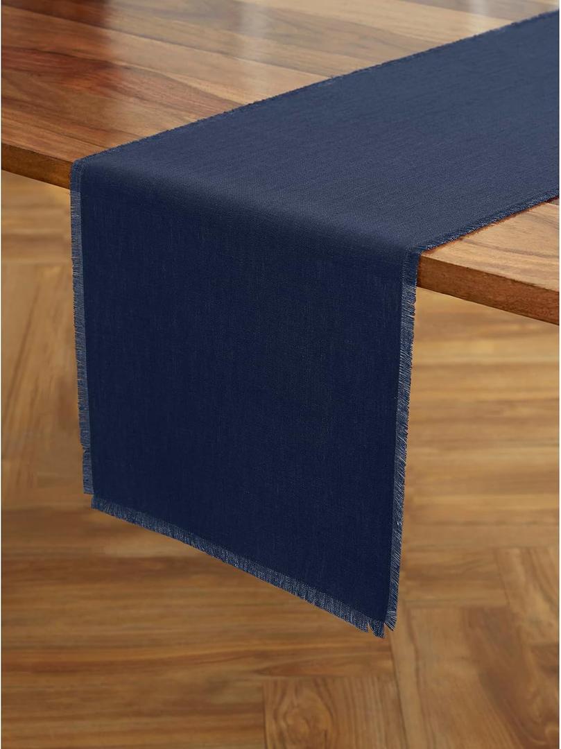 Solino Home Linen Navy Table Runner 72 Inches Long - Fringe, 100% Pure Linen Dining Table Runner 14 x 72 Inch for 4th of July, Summer