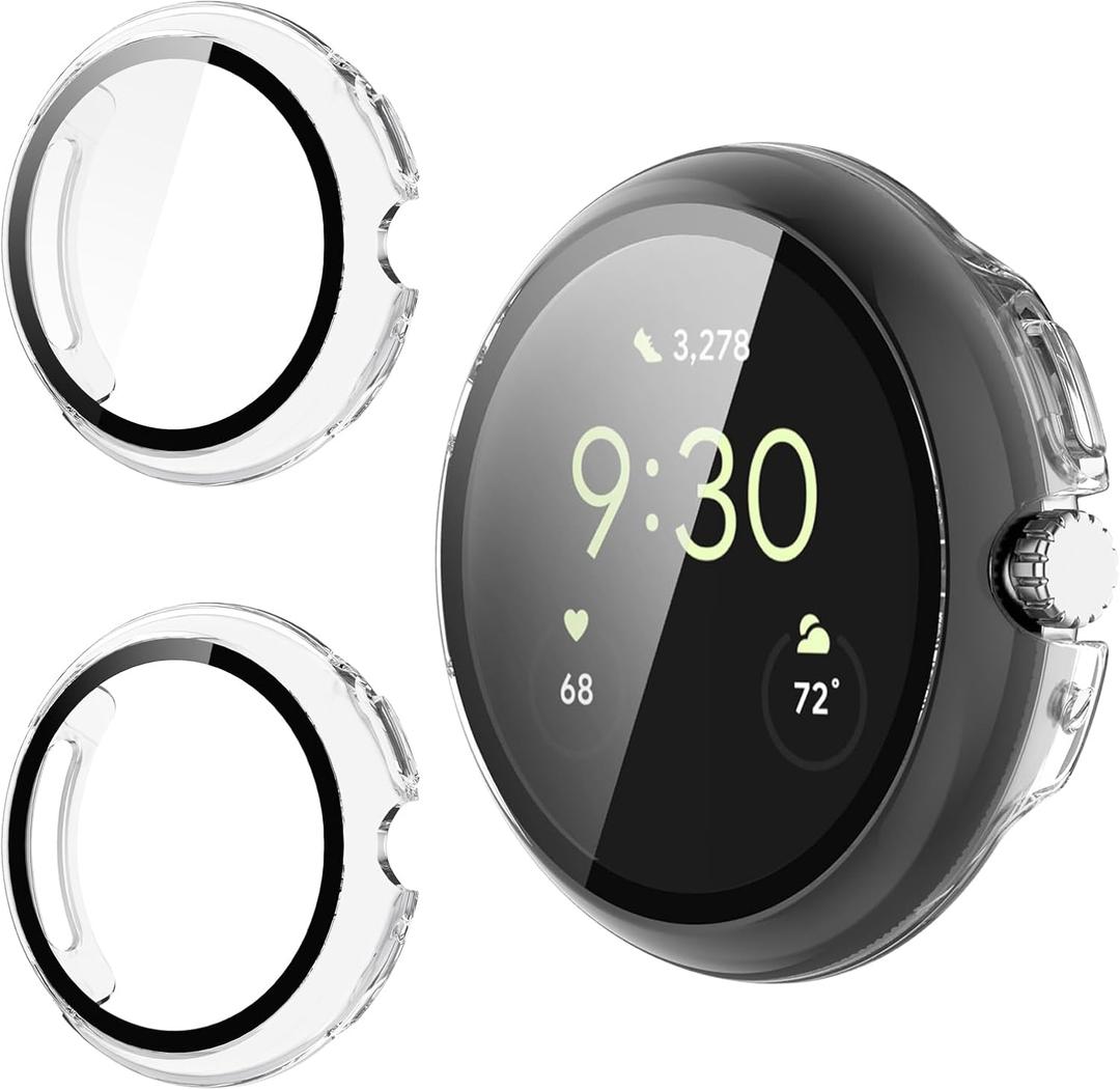 2 x 2 Pack for Google Pixel Watch 4 45mm Screen Protector Case | Hard PC, Built-in Tempered Glass Film, Full Coverage,All-Around, Shockproof, Bumper, Protective Cover, Protective Accessories, (Mix)