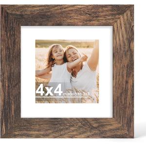 Hongkee 4x4 Picture Frame with Glass, Display Pictures 3x3 with Mat or 4 x 4 without Mat - Wall and Tabletop, 4 by 4 Photo Wooden Frames (Rustic Brown, 1 Pack)
