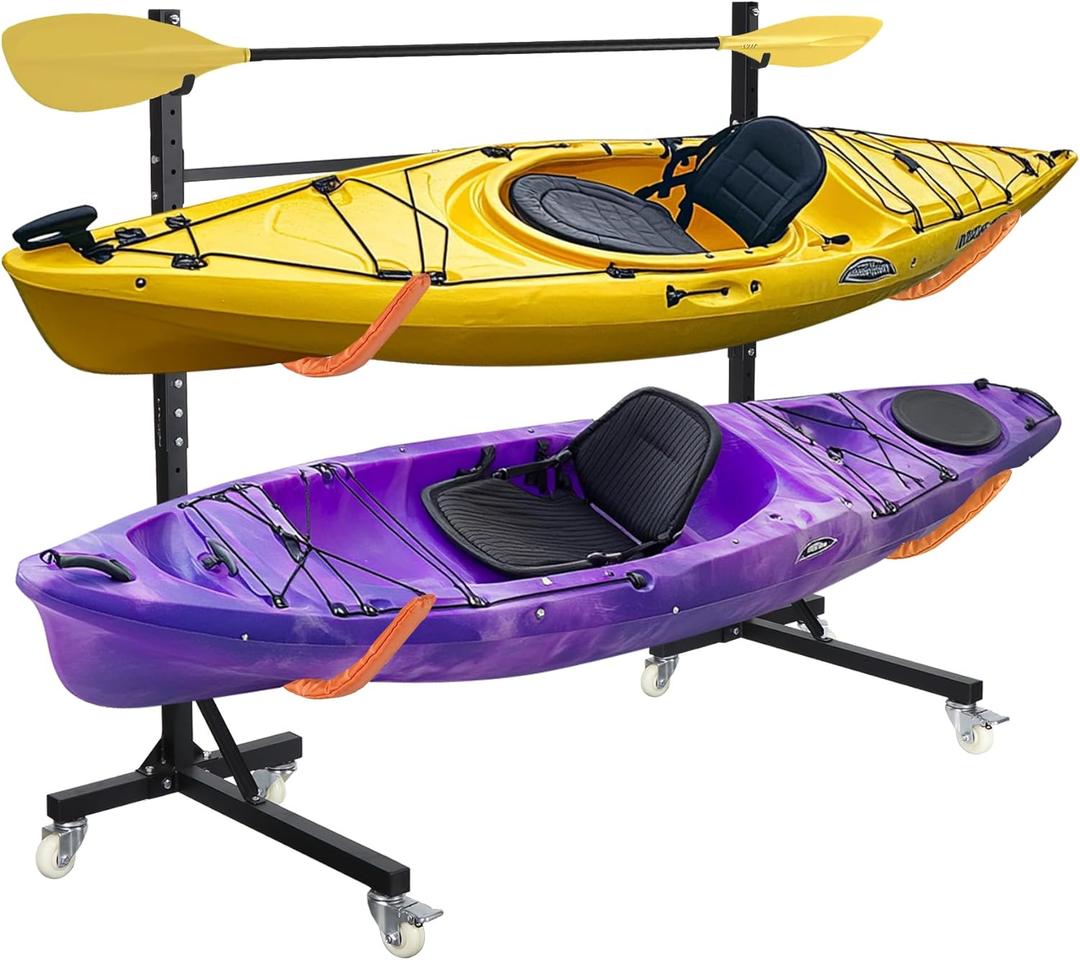 Freestanding Kayak Storage Rack, Adjustable Kayak Racks Outdoor with 4 Lockable Wheels, Kayak Stands Heavy Duty Storage for Kayaks, Canoes, SUP and Surfboards - 2 Kayaks