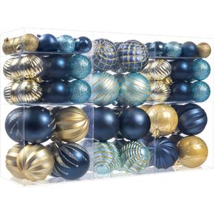 100PCS Blue and Gold Christmas Ornaments Set, Shatterproof Christmas Ball Ornaments Bulk, Assorted Decorations Baubles Hanging Ornaments for Christmas Trees Holiday Party Decor (Blue & Gold)