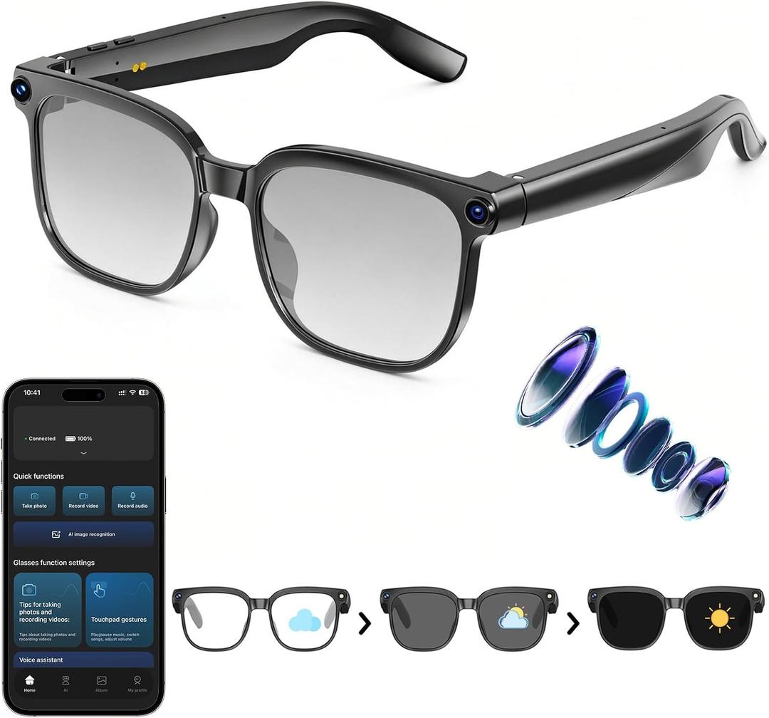 AI Smart Glasses with Camera,8MP Camera Glasses,1080P Anti-Shake Video Recording, Real Time Translation,AI Voice Assistant,Object Recognition,Bluetooth Sunglasses for Men Women(Photochromic Lenses)