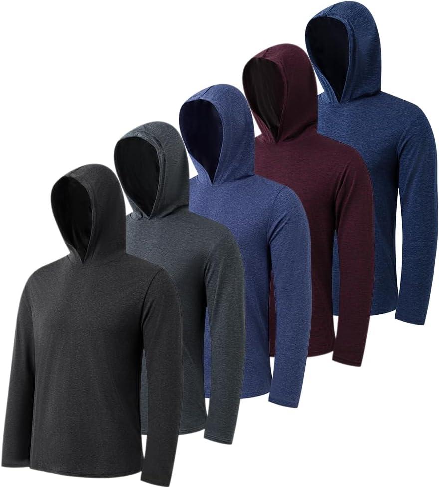 5 Pack Men's Lightweight Pullover Hooded Tees Long Sleeve Sweatshirts for Gym, Running, Fishing