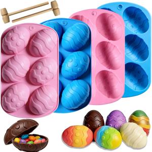 4 Pcs Easter Egg Chocolate Candy Molds Easter Egg Shaped Silicone Cake Molds Ice Cube Tray with 2 Pcs Wooden Hammer for Jello Baking Muffin Handmade Soap Bath Bomb and Ice Cube Hunt Games Supplies